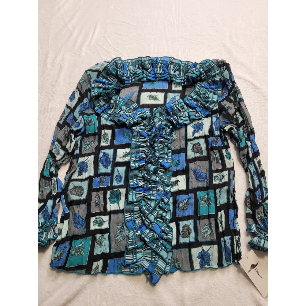 NWT Piano Ruffle Blouse Womens Medium Blue Leaf Print Crinkle V-Neck Long Sleev